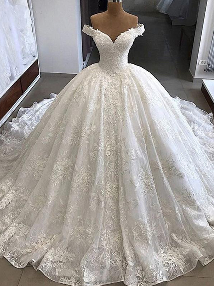 2021 Lace Applique Wedding Dresses Elegant Off The Shoulder Ballgown ...