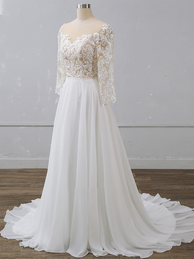 Tulle Chiffon 3/4 Sleeves Bridal Gown Floor-Length A-line Wedding ...