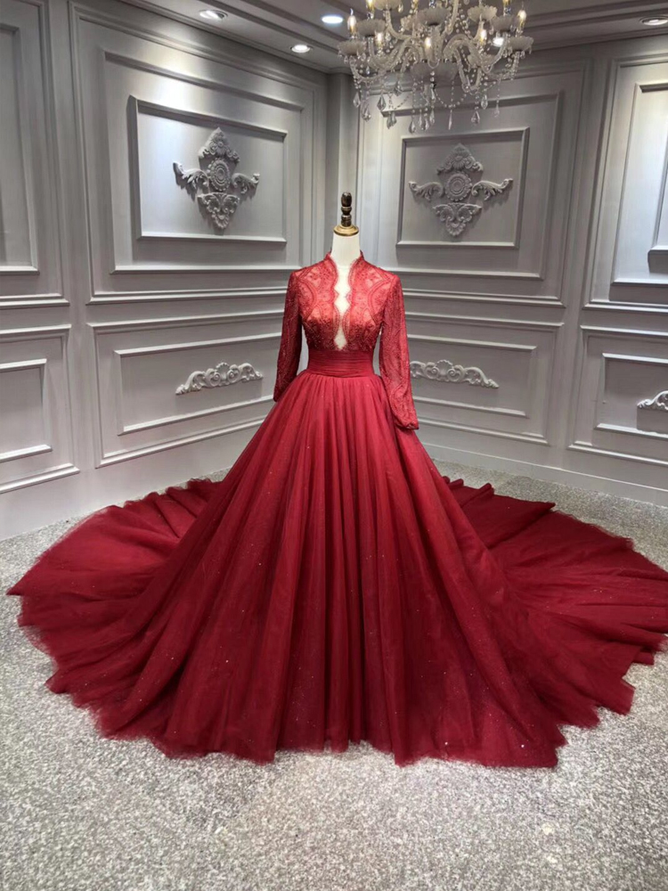 Red Long Sleeves Ball Gown Prom Dress on Luulla