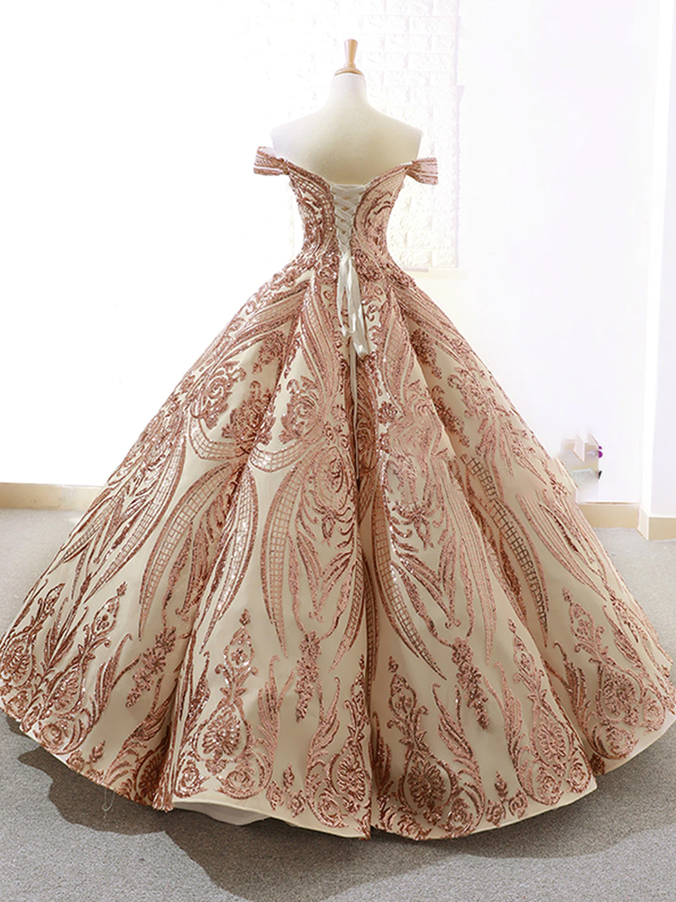 Champagne Gold Sequins Ball Gown Off The Shoulder Prom Dress on Luulla
