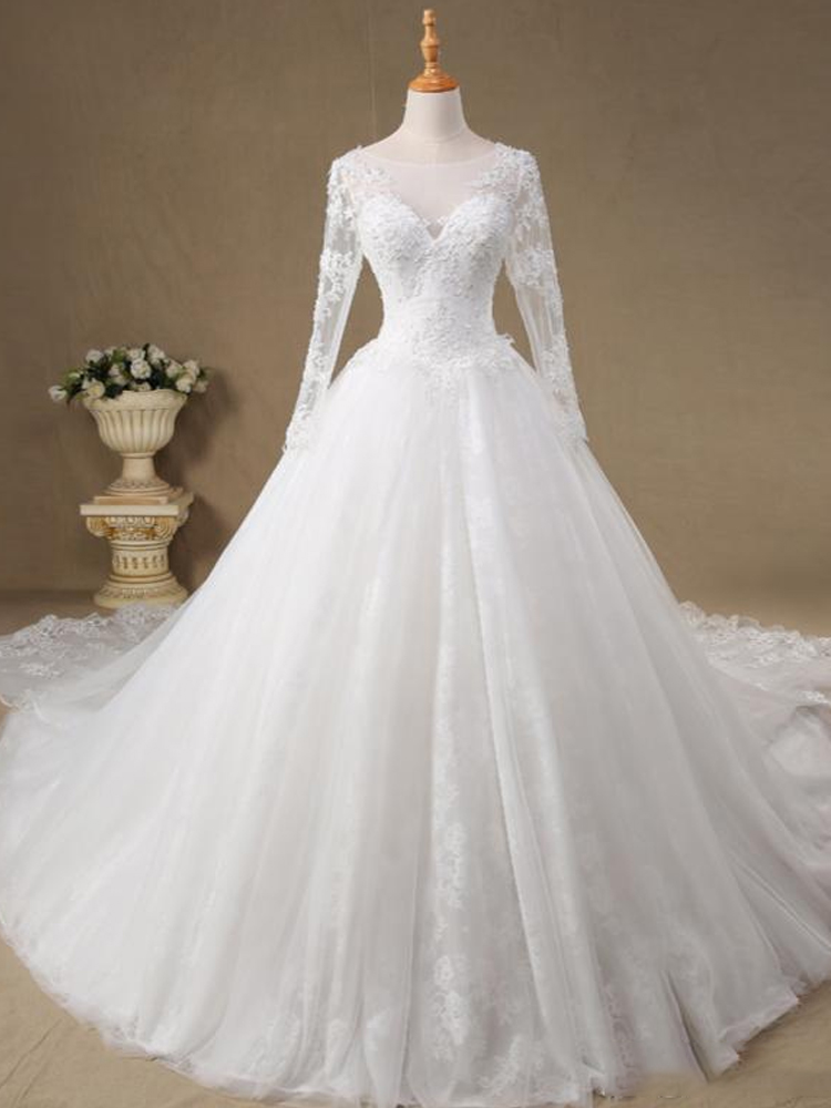 Bateau Neck Lace Tulle Ball Gown Wedding Dress With Appliques 2021 ...