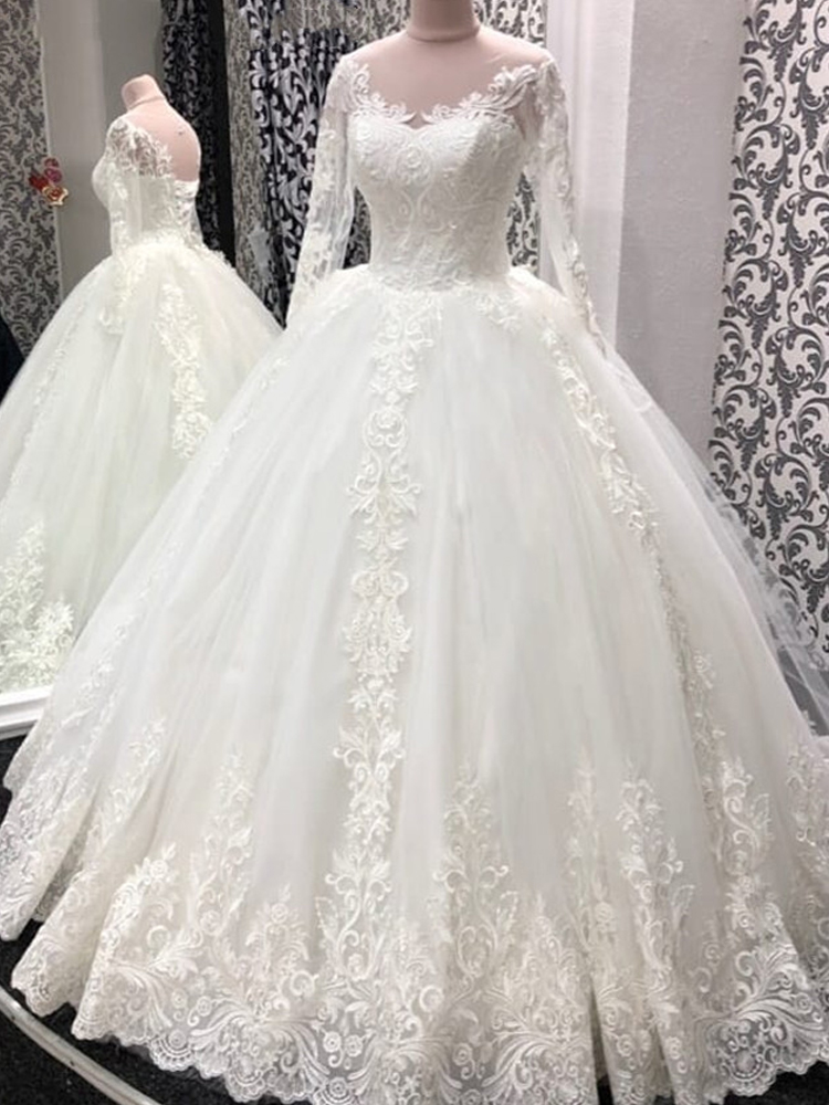 Real Vdio Ball Gowns White Ivory Tulle Bridal Dress With Long Sleeve ...