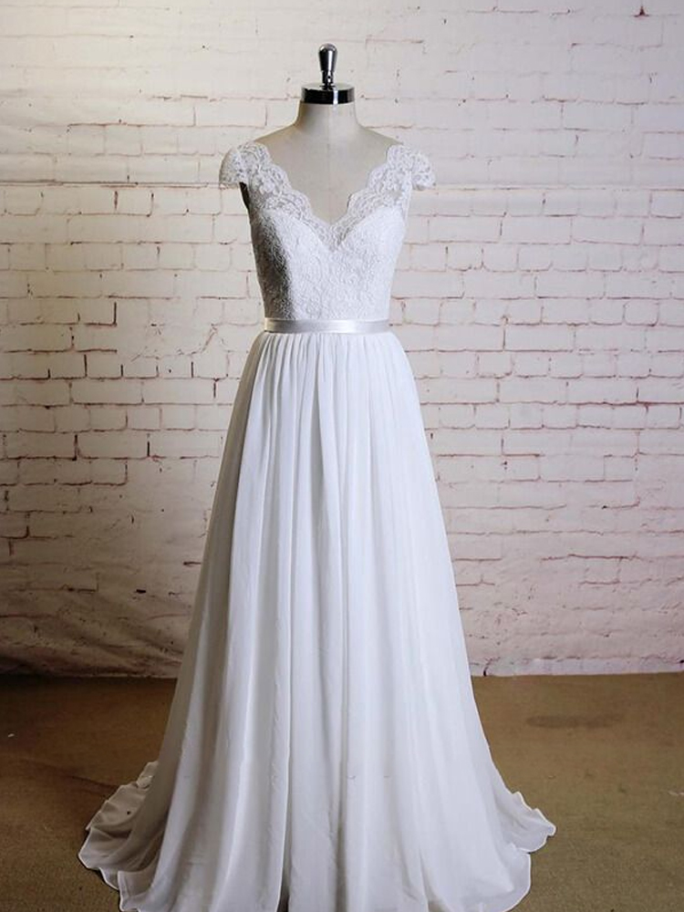 Cap Sleeve A-line Lace Chiffon Wedding Dress on Luulla
