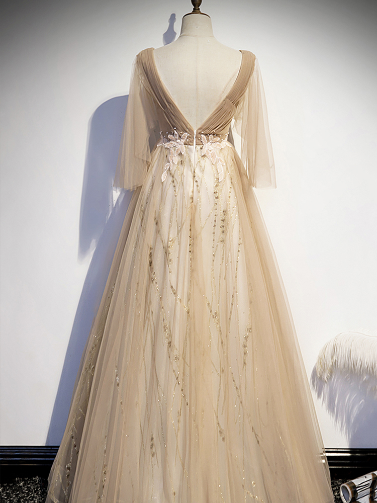 A Line V Neck Lace Long Prom Dresses Tulle Formal Evening Gowns