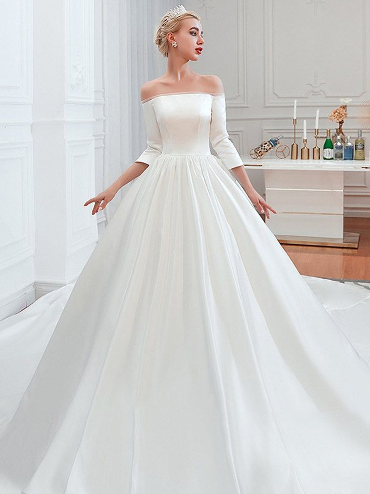 Long Sleeve Ball Gown White Wedding Dress With Soft Pleats on Luulla
