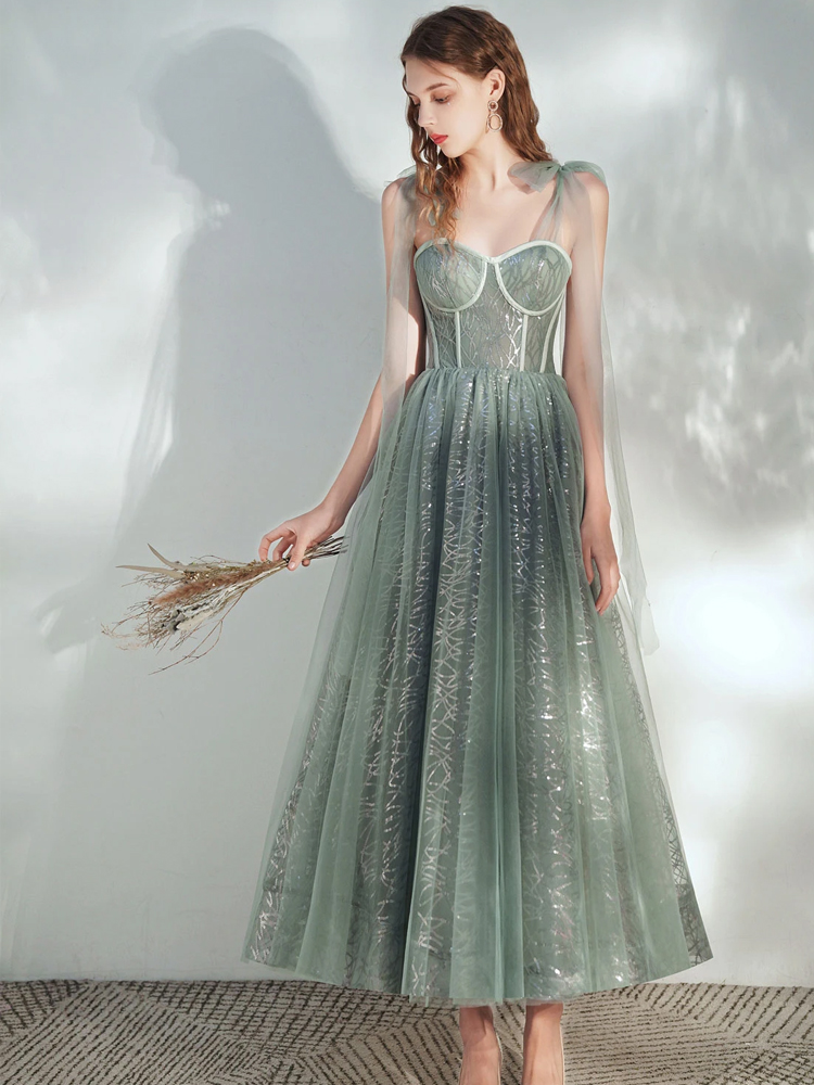 Green A -line Tulle Lace Tea Length Prom Dress Green Evening Dress on ...