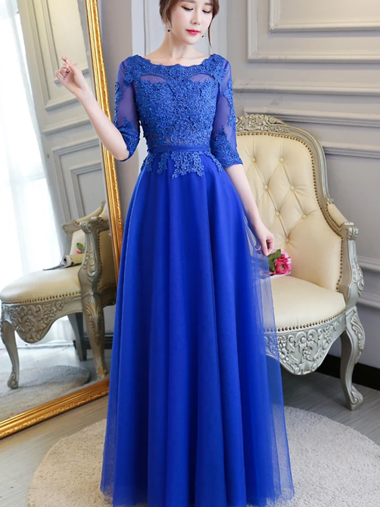 Blue Lace And Tulle 1/2 Sleeves Long A-line Bridesmaid Dress on Luulla