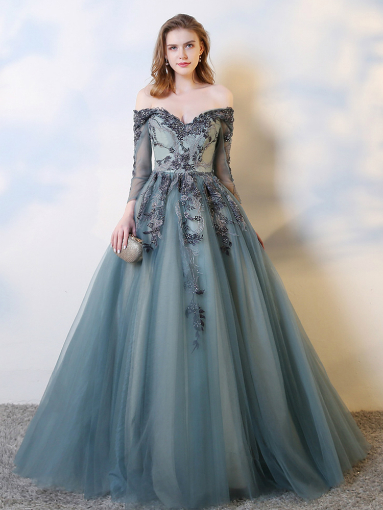 Blue Tulle Ball Gown Off The Shoulder Long Sleeve Prom Dress on Luulla