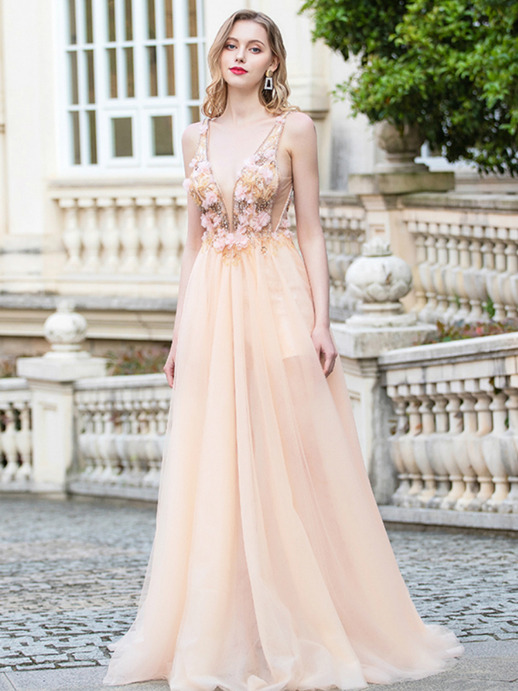 Champagne Tulle Strapless A-Line Long Prom Dress with Appliques VK23112806