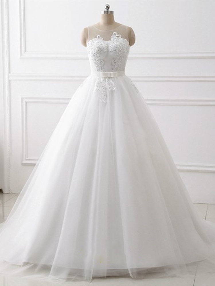 Jewel Keyhole Back Beaded Applique Tulle Wedding Dress With Bow on Luulla