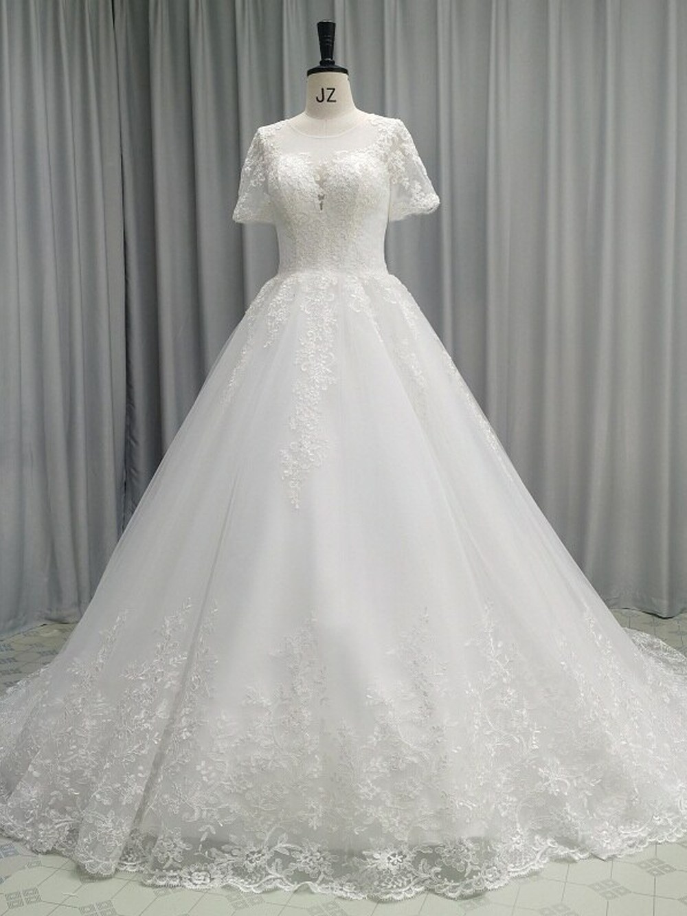 Short Sleeve Wedding Bridal Dress Embroidery Lace Applique Ball Gown ...